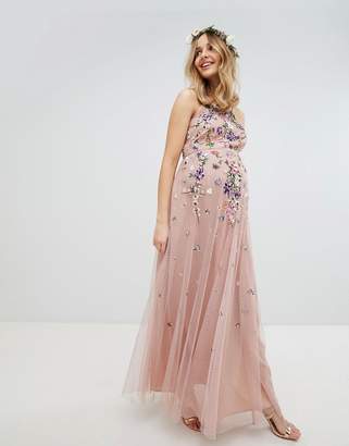 ASOS Maternity Design Maternity Bridesmaid Floral Embroidered Dobby Mesh Cami Strap Maxi Dress