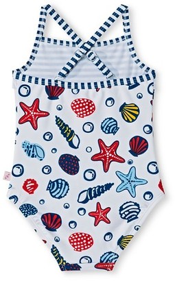 Floatimini Toddler Girls' Seashells and Stripes Ruffled Adjustable One-Piece Swimsuit White