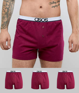 ASOS Design DESIGN jersey boxers in burgundy with branded waistband 3 pack