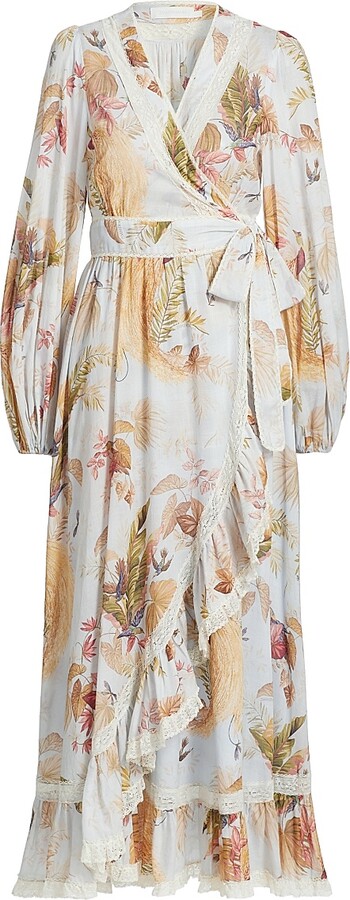 Zimmermann Women's Ascension Lace-Trimmed Printed Cotton Midi Dress - Light Blue Palm Floral - Size 0