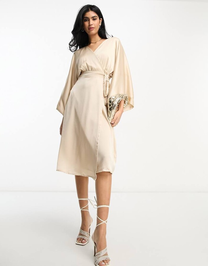 TFNC Bridesmaid kimono sleeve satin wrap midi dress in mink