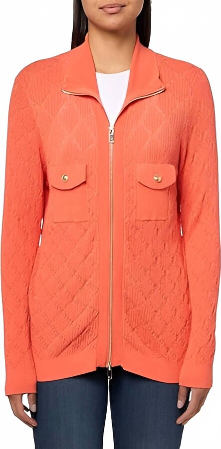Multiples Cuffed Long Sleeve Zip Sweater Cardigan In Coral