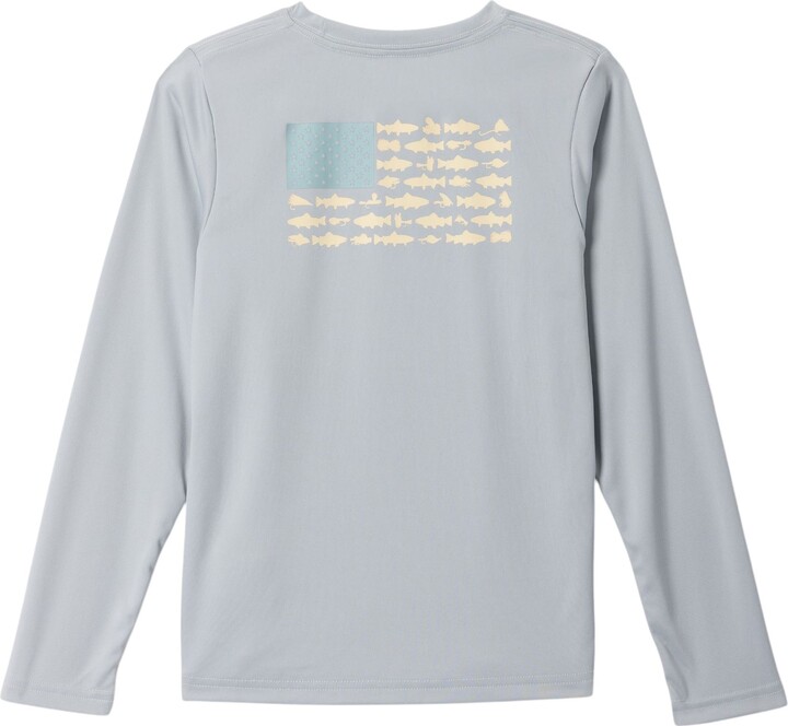 Columbia Boys' PFG Terminal Tackle Fish Flag Long Sleeve Shirt, Medium, Cool Grey/Crushed Blu Trt