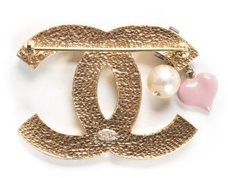 Chanel Gold Metal Faux Pearl Heart Cc Brooch (Authentic Pre-Owned