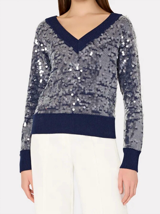 Milly Ilaria Sequin V-Neck Sweater Top In Navy