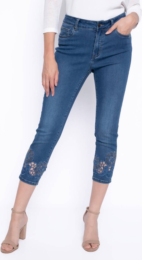 PICADILLY Rhinestone Cutout Embroidery Deep Denim Jeans In Blue