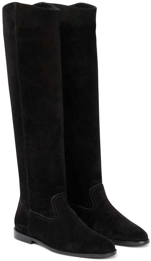Black Suede Flat Knee High Boots | ShopStyle