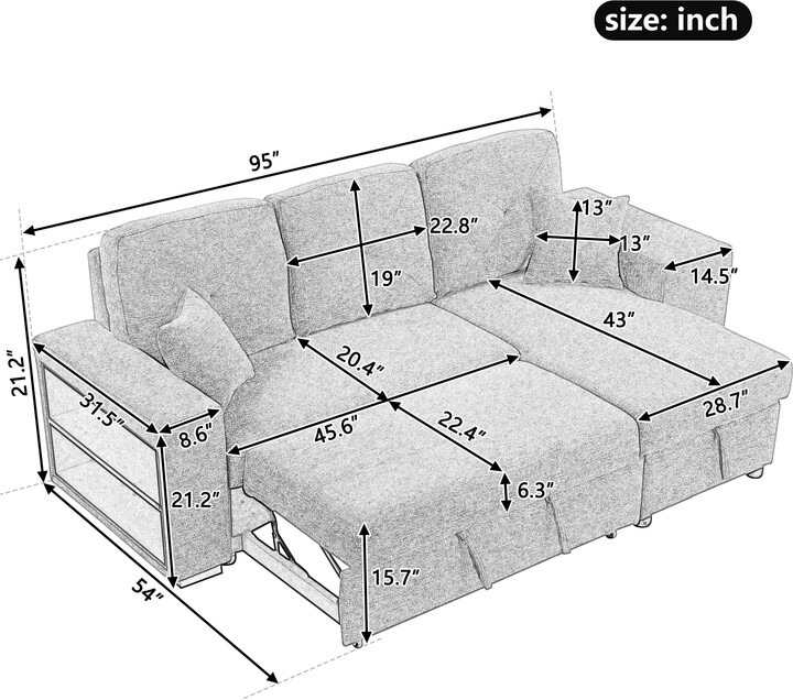 EDWINRAYLLC Reversible Sleeper Sectional Sofa Bed Pullout Lshaped