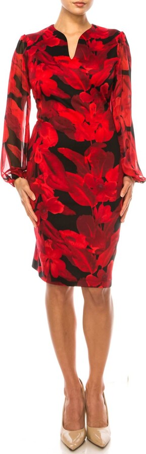 Connected Apparel Long Sleeve Scuba Dress In Red