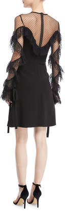Elie Saab Black-Dot Lace Ruffle-Sleeve Fit-and-Flare Dress