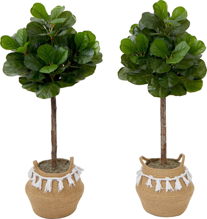 Nearly Natural 4ft. Artificial Fiddle Leaf Fig Tree with Handmade Jute & Cotton Basket with Tassels DIY KIT (Set of 2), Green