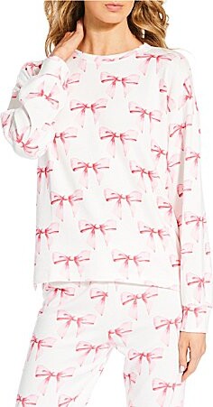 Peachy Knit Bow Print Long Sleeve Crew Neck Coordinating Sleep Top