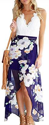 FANCYINN Women Lace Patchwork Floral Print Chiffon Summer Beach Irregular Maxi Dress with Belt