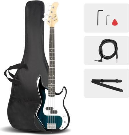 Yescom USA, Inc. Electric Bass Guitar Full Size Standard Beginner Kit 4 String Cable Strap Carry Bag Blue