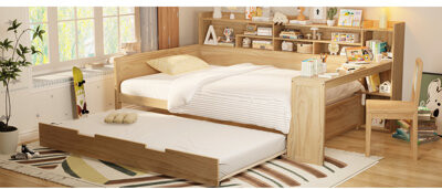 Wooden Daybed With Space Storage Compartments, Twin Trundle Bed And Convenient Study Area In Natural Spacious Shelves, Size Useful Desk Look