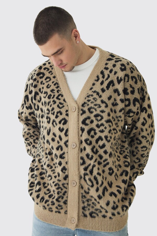 boohoo Mens Beige Tall Brushed Knit Leopard Print Oversized