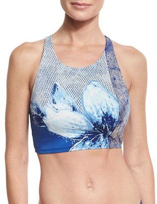 Carmen Marc Valvo High-Neck Floral-Print Bikini Top, Blue