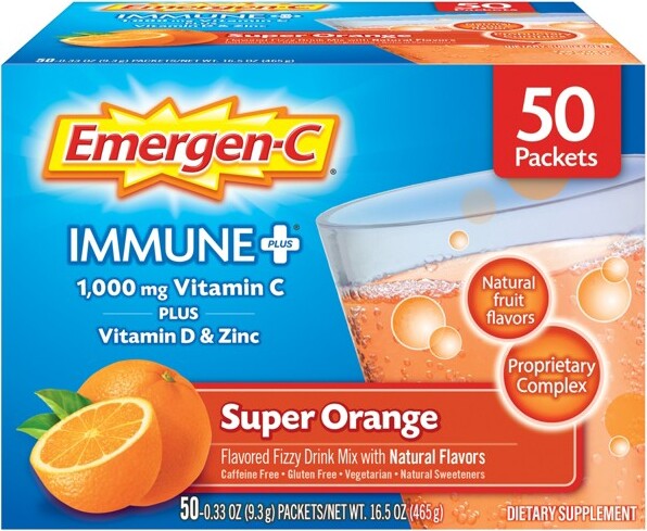 Emergen-C Emergen-CImmune+PowderDrinkMixwithVitaminC-SuperOrange-50ct:CertifiedGluten-Free,1000mgperServing