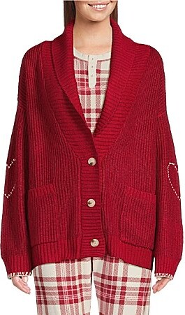 PJ Salvage Long Sleeve Shawl Collar Sweater Knit Cross-Stitch Heart Cardigan
