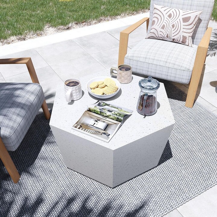 UPHA Terrazzo White Hexagon Concrete Outdoor Coffee Table, Patio Conversation Table