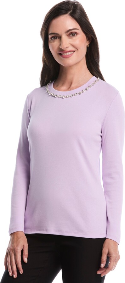 Rafaella Petite Embellished Neck Long Sleeve Top