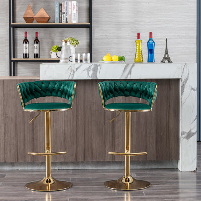 Everly Quinn Bar StoolsWith Chrome Footrest And Base Swivel Mechanical Lifting Velvet + Golden Leg Simple Bar Stool-Cream