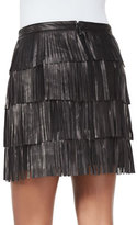 Thumbnail for your product : Neiman Marcus Cusp by Lucca Tiered Fringed Leather Miniskirt, Black