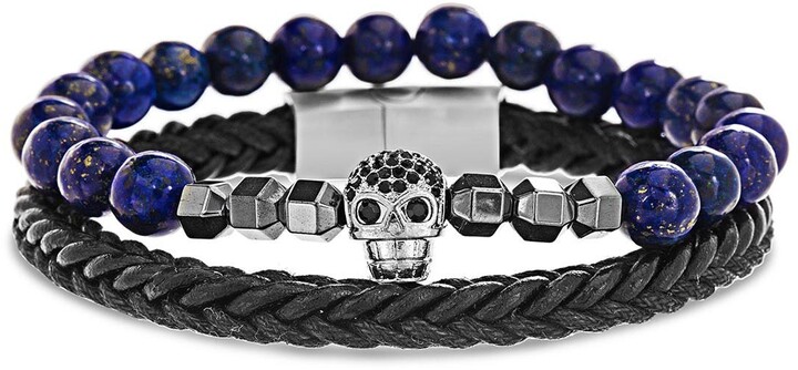 Buddhist Rosary bracelet Lava Stone Agate Bracelet stainless steel magnetic clasp Silver Handmade Black Woven Leather Bracelet Jlbuay Mens womens Skull Pendant Bracelet