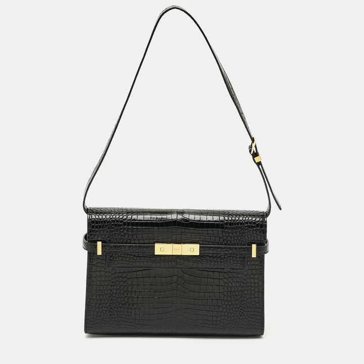 Saint Laurent Manhattan Medium Black Croc Embossed Leather Shoulder Bag