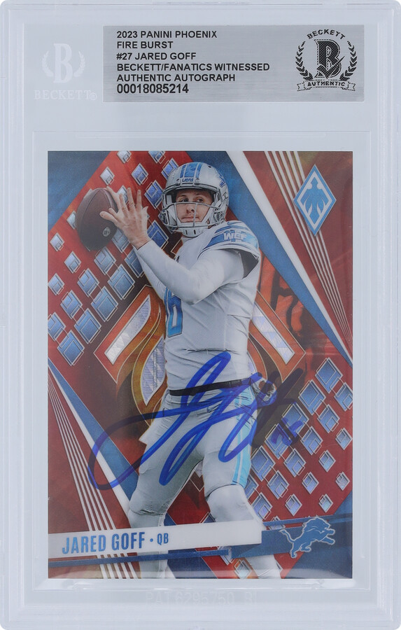 Panini America Jared Goff Detroit Lions Autographed 2023 Panini Phoenix Fire Burst #27 #/340 Beckett Fanatics Witnessed Authenticated Card