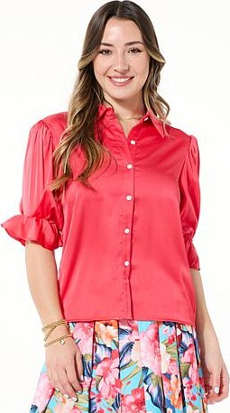 G by Giuliana Stretch Satin Flounce-Sleeve Button-Up Blouse - Pink - Size Large