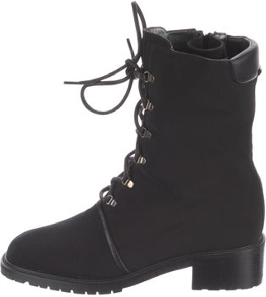 Stuart Weitzman Mid-Calf Combat Boots Black Round-Toes Lace-Up Closure at Uppers & Exposed Zip Closure at Sides Designer