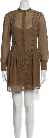 Rebecca Taylor Silk Mini Dress Rebecca Taylor Silk Shirtdress Brown Eyelet Trim Long Sleeve with Mock Neck Button Closure at Front Designer