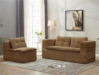 Latitude Run Multi Functional Sectional Sofa Bed with Independent Chaise Lounge and Functional Blanket Plush Corduroy Sofa Couch Convertible Sofa Bed Deep Seat Flu