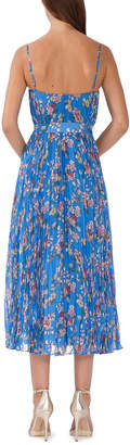 ML Monique Lhuillier Capri Floral-Print Pleated Sleeveless Tie-Waist Midi Dress