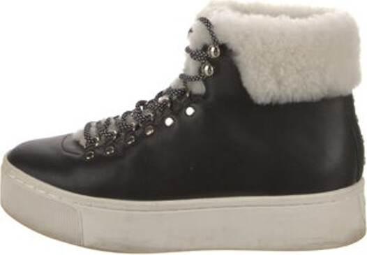Joie Leather High Top Sneakers Black Studded & Faux Fur Accents Round-Toes Platform Lace-Up Closure at Uppers Unfortunately, due to restrictions, this item may not be eligible for shipping in all areas.