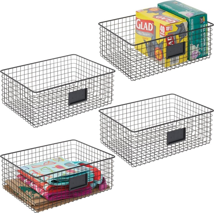 mDesign Wide Steel Kitchen Organizer Basket Label Slot, 4 Pack, Matte