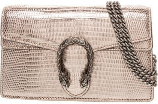 Gucci Shoulder Bag Metallic & Pink Lizard Graphic Print Dionysus Accent Antiqued Silver-Tone Hardware Chain-Link Shoulder Straps Suede Lining with Card Slots Snap Closure at Front Includes Dust Bag