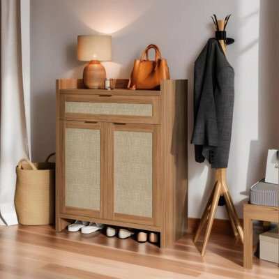 Bay Isle Home Farmhouse Rattan Shoe Cabinet with Doors & Adjustable Shelves 5-Tier Wooden Shoe Storage Organizer for Entryway