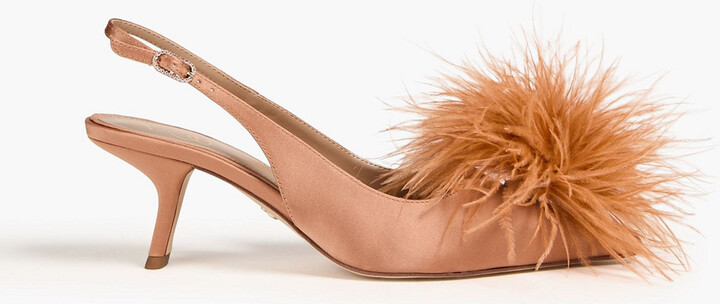 Bianka feather-trimmed satin slingback pumps