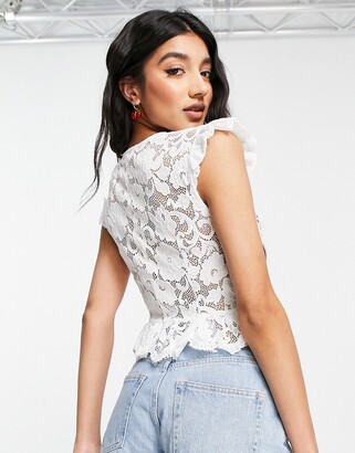 Love Triangle lace crop top with frill in ivory co-ord