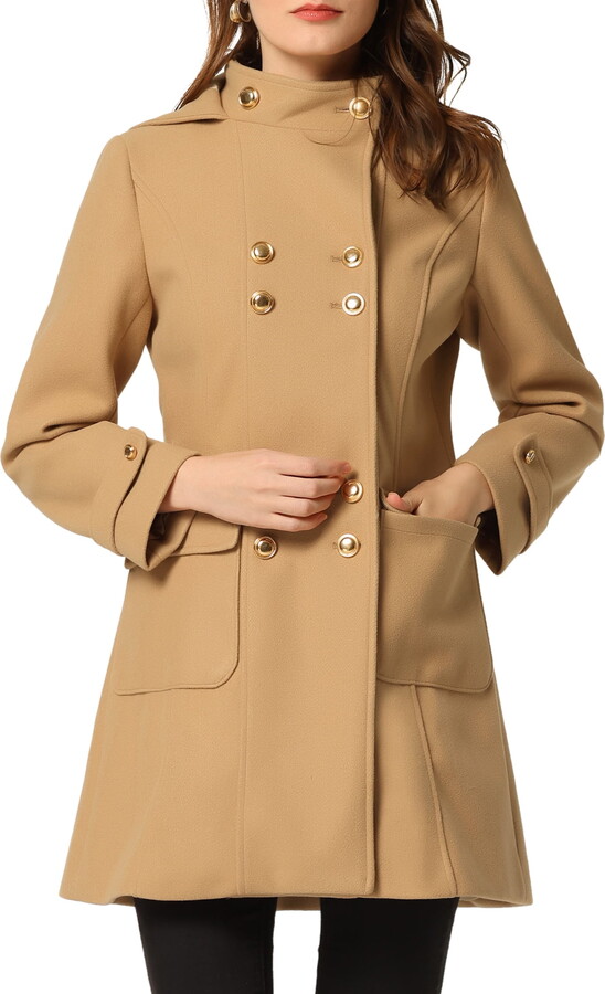 Unique Bargains Women’s Stand Collar Hooded Double Breasted Winter Long Overcoat S Khaki