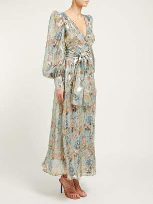 Françoise Francoise - Floral-print Silk-blend Lame Wrap Dress - Womens - Silver