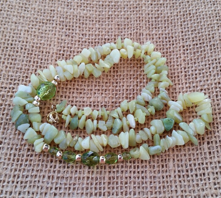 Etsy Lucky Green Peridot New Jade Serpentine Vintage 70S Beads Asymmetrical Gold August Birthstone Beaded Natural Gemstone Necklace 23 Inches