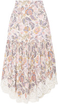 Thumbnail for your product : See by Chloe Guipure Lace-trimmed Floral-print Cotton-corduroy Midi Skirt