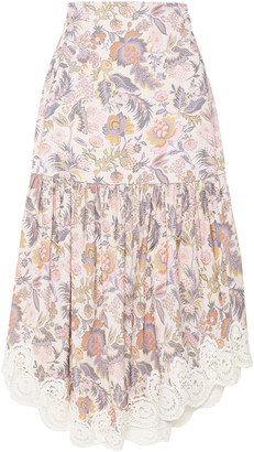 See by Chloe Guipure Lace-trimmed Floral-print Cotton-corduroy Midi Skirt
