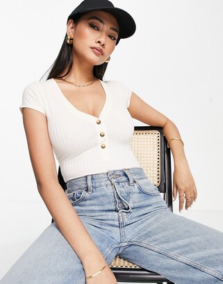 ASOS DESIGN v neck body in rib with cap sleeve and button through in stone