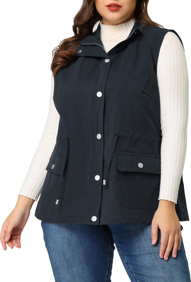 Unique Bargains Women’s Plus Cargo Drawstring Waist Sleeveless Jacket