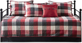 Banior Red Reversible Daybed Cover - 6 Piece, Plaid To Solid Transition, With Cotton For A Cozy Bedroom Ambience, Fits Twin Mattress, With , Shams, And Decor