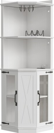 GulchesWhite67inWCornerBarCabinetwithAdjustableShelvesGlassRackOpenStorageEnclosedCabinet